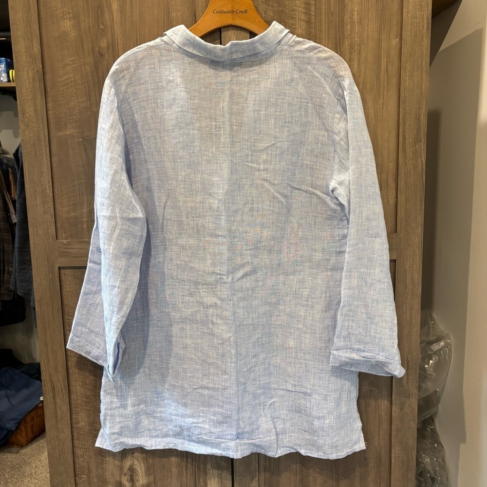 French Curve Linen shirt dress Small Tunic Cover up Blue Long Roll Tab Sleeves - Picture 2 of 12